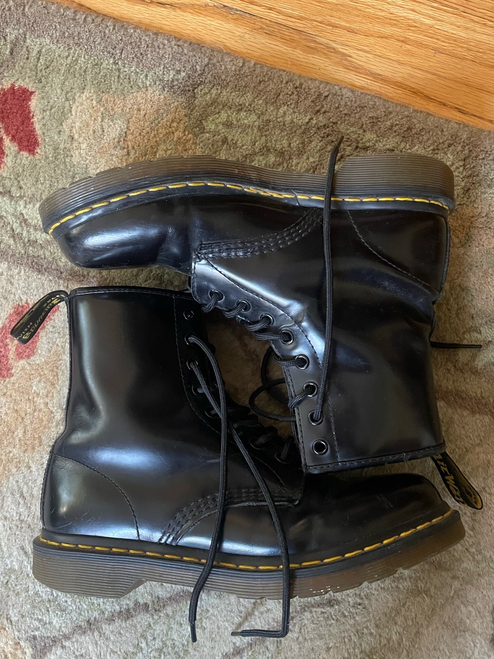 Dr. Martens Black Patent Leather Lace-Up Boots with Yellow Stitching